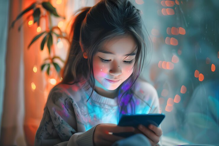 Una muchacha absorta en su teléfono en medio de un ambiente acogedor y colorido
