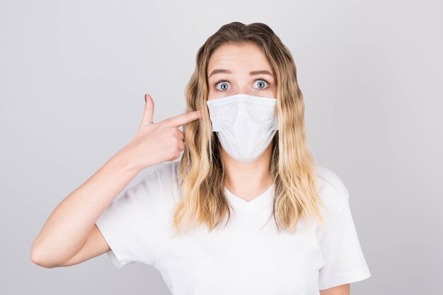 La muchacha atractiva joven señala con el dedo una máscara protectora médica en su rostro.