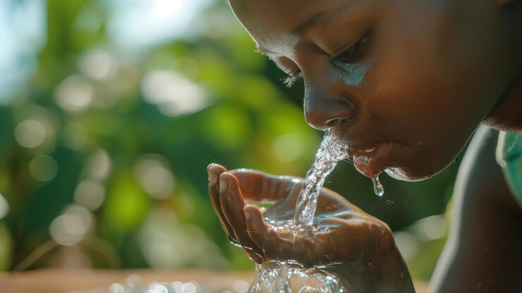 Una muchacha bebiendo de una fuente de agua Un momento refrescante de la infancia