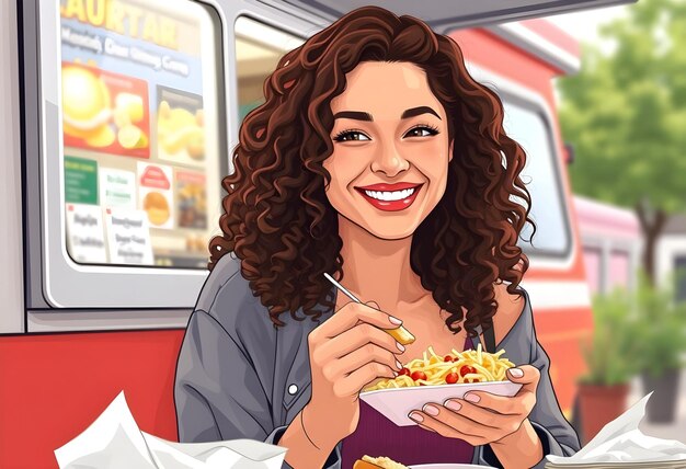 Una muchacha con el cabello rizado está comiendo