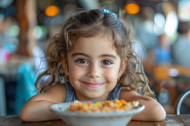 Una muchacha comiendo en la mesa