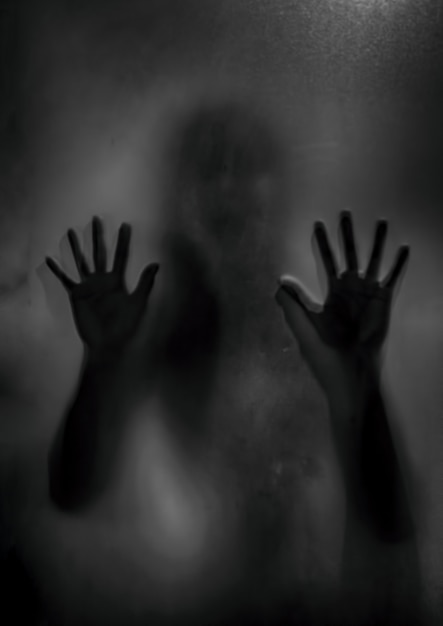 Muchacha fantasma del horror detrás del vidrio mate en blanco y negro. Concepto de festival de Halloween.