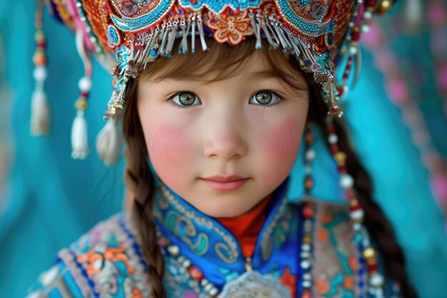 Una muchacha kazaja adornada con un vestuario tradicional vibrante