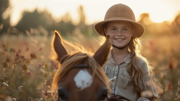 Foto una muchacha montada en la espalda de un caballo marrón