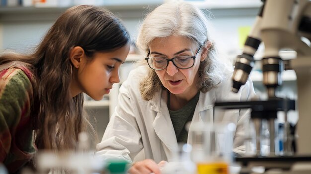 Una muchacha y una mujer con una bata de laboratorio mirando algo
