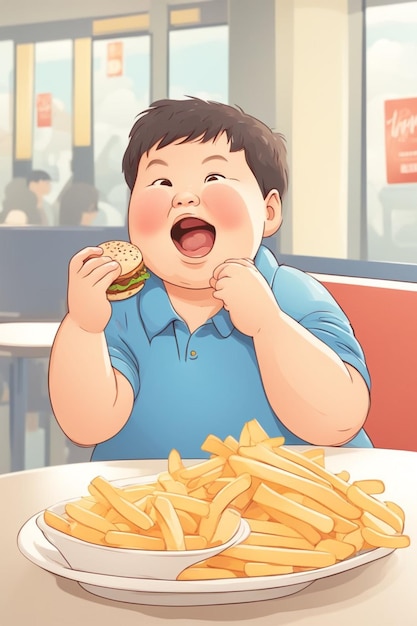 Muchacha obesa comiendo comida rápida hamburguesa papas fritas ilustración del concepto de alimentación poco saludable