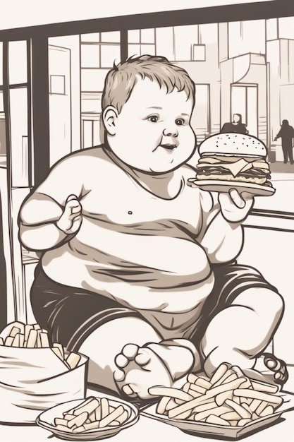 Muchacha obesa comiendo comida rápida hamburguesa papas fritas ilustración del concepto de alimentación poco saludable