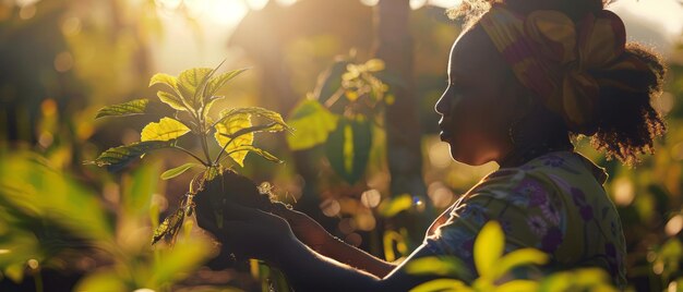 Foto una muchacha sostiene una planta en el campo