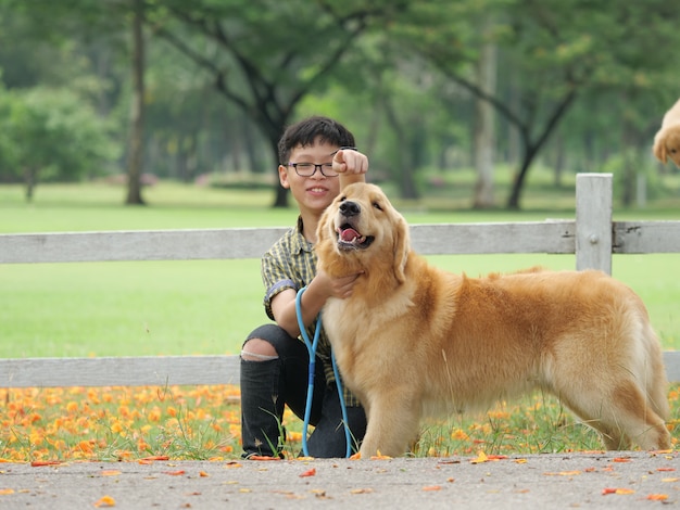 Muchacho asiático que juega con retreiver de oro del perro de perrito en parque