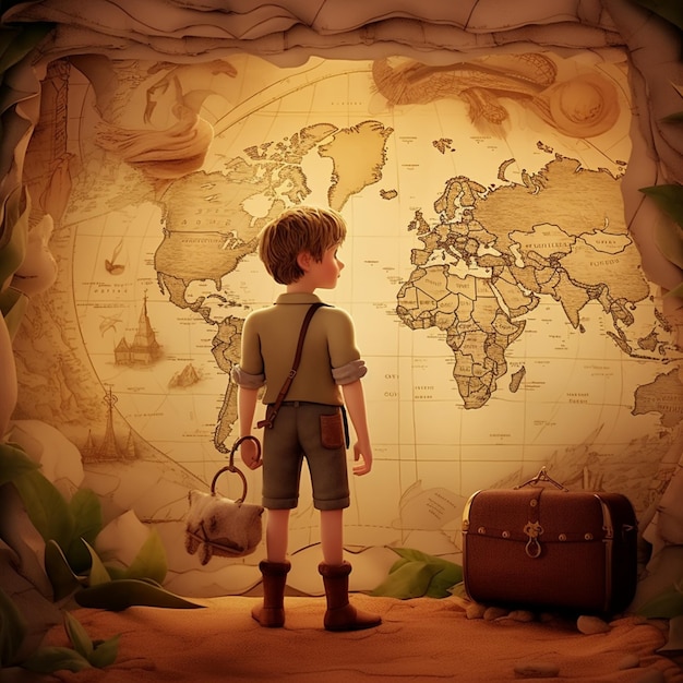 El muchacho de las aventuras mirando un mapa