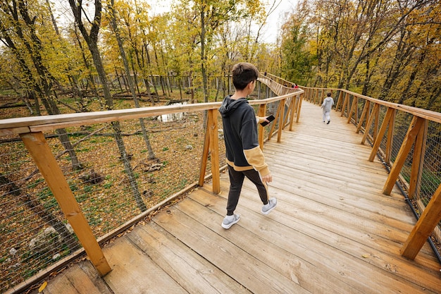 Muchacho caminando en el puente de madera en el bosque de otoño