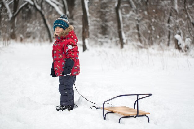 Muchacho caminando con trineos en el bosque de invierno cubierto de nieve