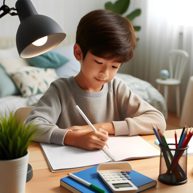 Un muchacho se centra en la tarea en un escritorio de madera durante el tiempo de estudio de la tarde