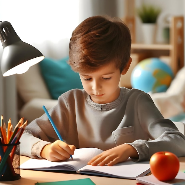 Un muchacho se centra en la tarea en un escritorio de madera durante el tiempo de estudio de la tarde