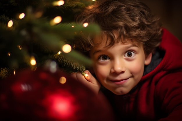 Un muchacho espiando por detrás de un árbol de Navidad brillantemente decorado