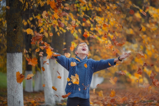 Muchacho feliz hermoso que lanza las hojas caidas, jugando en el parque del otoño.