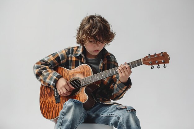 Un muchacho joven con un atuendo casual surgió tocando la guitarra sobre un entorno blanco IA generativa