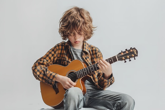 Un muchacho joven con un atuendo casual surgió tocando la guitarra sobre un entorno blanco IA generativa