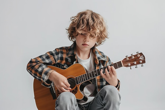 Un muchacho joven con un atuendo casual surgió tocando la guitarra sobre un entorno blanco IA generativa