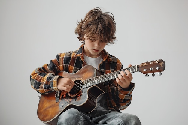 Un muchacho joven con un atuendo casual surgió tocando la guitarra sobre un entorno blanco IA generativa