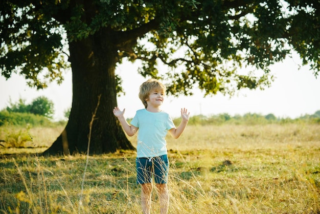 Muchacho niño feliz en la pradera en verano en la naturaleza