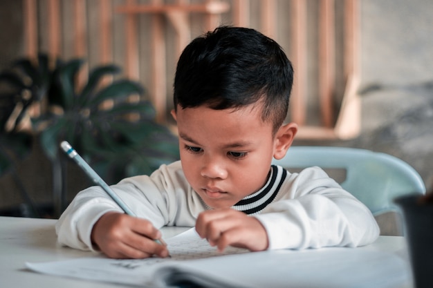Muchacho del niño que sostiene la escritura del lápiz. Muchacho asiático haciendo la tarea, papel de escribir para niños, concepto de educación, regreso a la escuela.