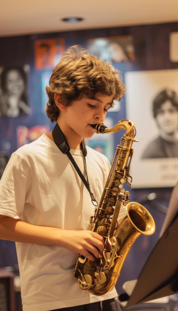 Foto un muchacho practicando el saxofón en una sala de música a prueba de sonido con puestos de música y carteles