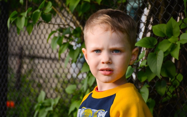 Muchacho, rubio, mirada ansiosa seria de un niño, retrato grande