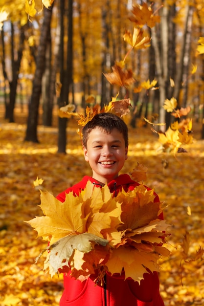 Muchacho sonriente feliz con hojas de otoño