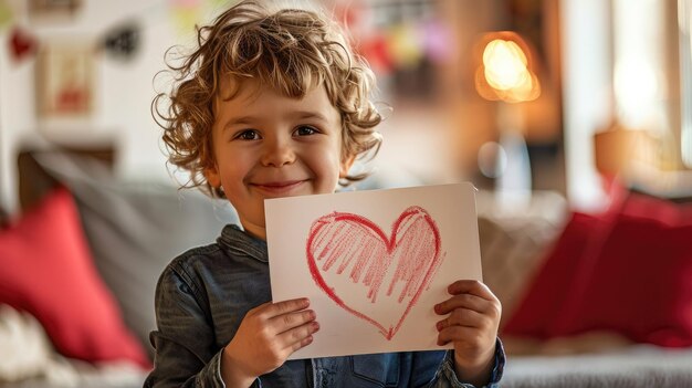 Foto un muchacho sostiene con orgullo una tarjeta hecha a mano para el día de la madre