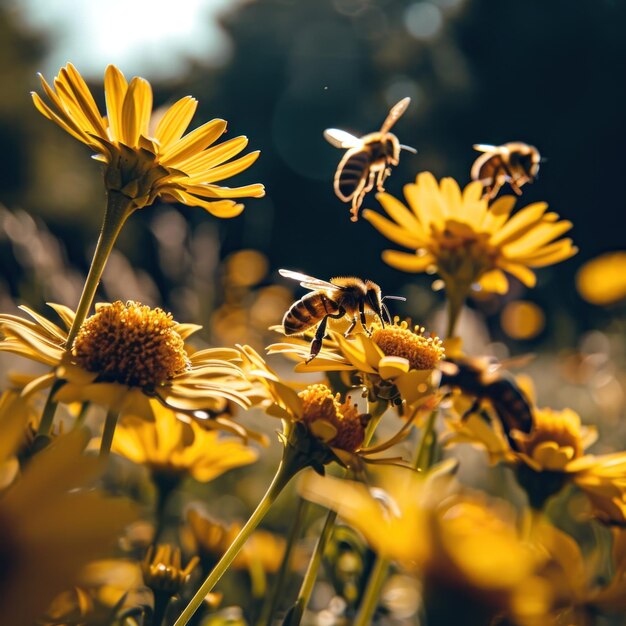 Foto muchas abejas melíferas están entre las flores amarillas