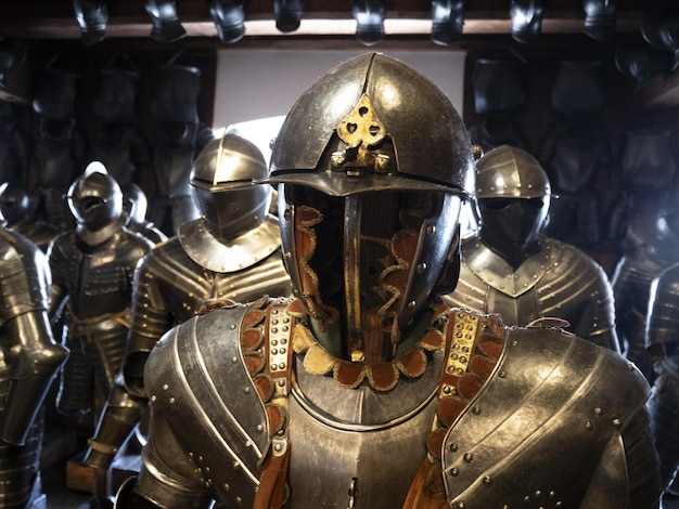 Muchas armaduras de metal de hierro medieval
