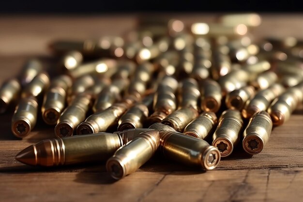 Foto muchas balas de metal en la mesa de madera caso de crimen brillante ejército metálico generar ai