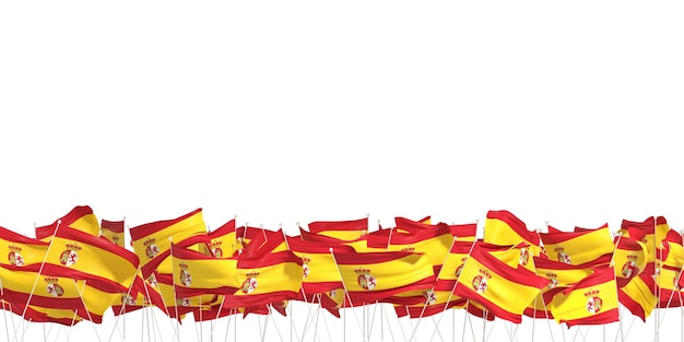 muchas banderas españolas sobre fondo blanco 3d renderizado
