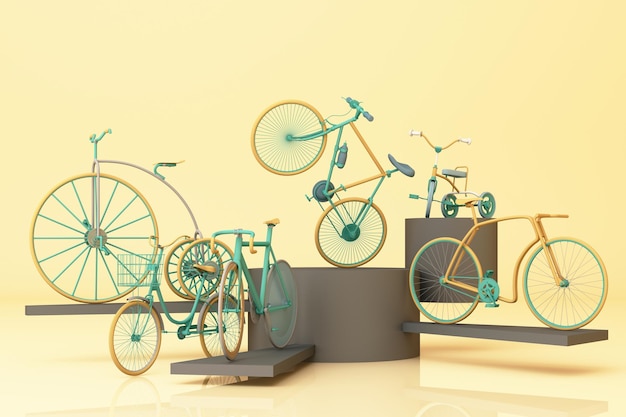 Muchas bicicletas en la plataforma con fondo amarillo Retró bicicletas 3D