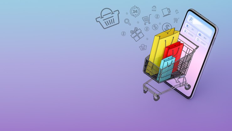 Muchas bolsas de compras en un carrito de compras aparecieron desde la pantalla de los teléfonos inteligentes