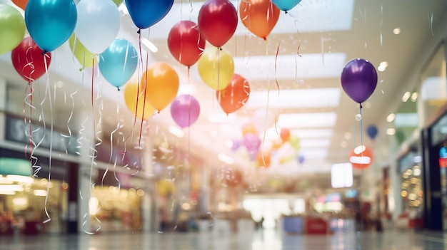 Muchas bolsas de compras colgando de globos volando