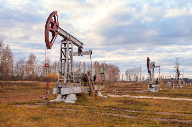 Muchas bombas de aceite seguidas producen petróleo en los campos petrolíferos de Rusia.