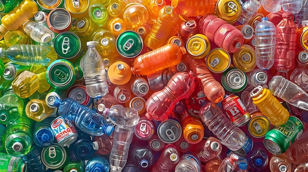 Muchas botellas y latas de plástico de colores apiladas juntas IA generativa