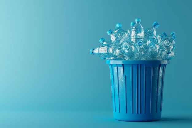 Muchas botellas de plástico en un cubo sobre un fondo azul