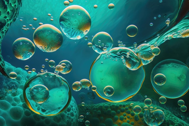 Muchas burbujas flotan en agua de mar turquesa en esta imagen abstracta