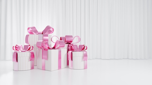Muchas cajas de regalo con cinta de lazo rosa colocada en el piso blanco