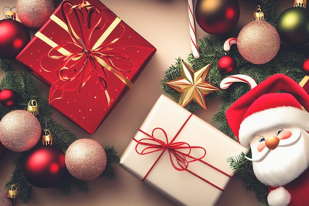 Muchas cajas de regalo para feliz navidad y año nuevo 2023, espectacular celebración con adornos decorativos en el regalo para presentar a familiares y amigos el día de Navidad, ilustración 3D