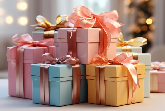 Muchas cajas de regalos decorativas en colores pastel con un lazo Día de San Valentín Navidad cumpleaños boda