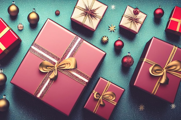 Muchas cajas de regalos para Feliz Navidad y Año Nuevo 2023 celebración espectacular con adornos decorativos en el regalo para estar presente para la familia y amigos el día de Navidad ilustración 3D