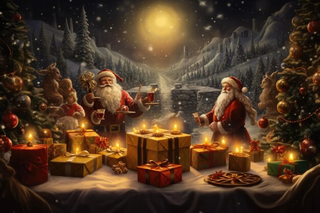 Muchas cajas de regalos para la noche de la víspera de Navidad con nieve en la belleza del invierno