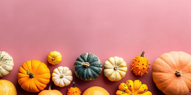 Muchas calabazas diferentes en un fondo pastel para el día de Halloween