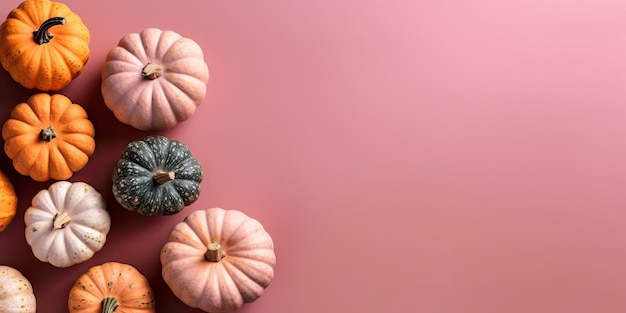 Muchas calabazas diferentes sobre un fondo pastel para el día de fiesta de halloween lugar para generar texto