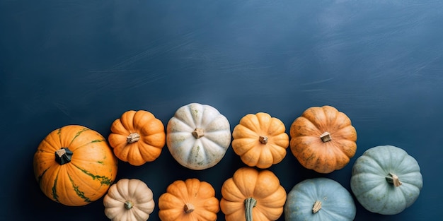 Muchas calabazas diferentes sobre un fondo pastel para el día de fiesta de halloween lugar para generar texto