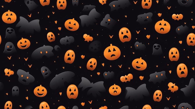 Foto muchas calabazas de halloween y fantasmas sobre un fondo negro